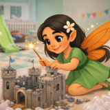 Feya haldjas ehitab detailset mängulossi laste mängutoas, ümberringi sädelused ja ehitusklotsid.