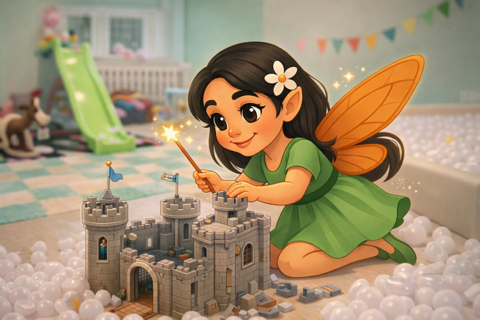 Feya haldjas ehitab detailset mängulossi laste mängutoas, ümberringi sädelused ja ehitusklotsid.