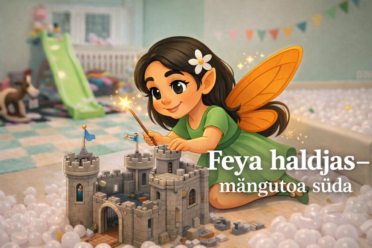 Feya haldjas ehitab detailset mängulossi laste mängutoas, ümberringi sädelused ja ehitusklotsid.
